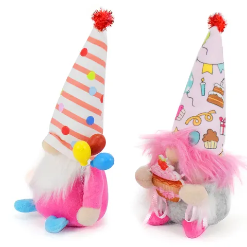 Creative Pink Birthday Gnome Plush Doll With Cake Balloons Cartoon Desktop Ornament Birthday Party Decoration Gift For Kids Adults