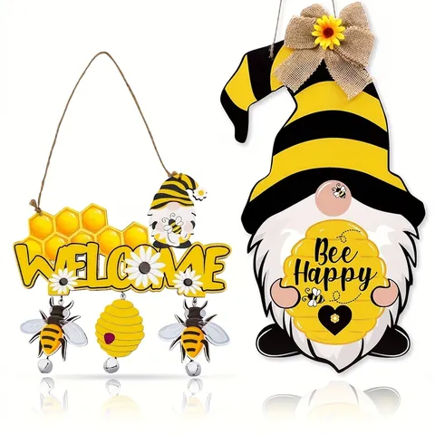 Rustikales Holz Biene Gnom Willkommensschild Bienenstock Sonnenblume Wanddeko Honigbiene Tag Türschild Mit Metallglocken