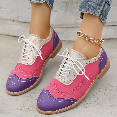 Scarpe Basse Brogue da Donna Stile Britannico a Contrasto Vintage Perforate Stringate Punta Arrotondata Scarpe da Camminata Casual Taglie Forti