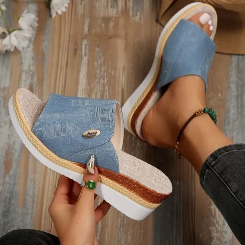 Chanclas de Cuña Estilo Denim para Mujer Slides con Plataforma Sandalias de Playa Casuales Con Suela Gruesa Decoración