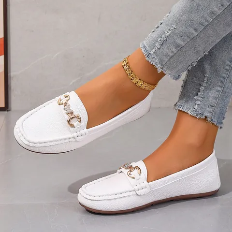 Women British Style Loafers Retro Metal Buckle Rhinestone Butterfly Chain Synthetic Leather Flat Casual Shoes Spring Autumn