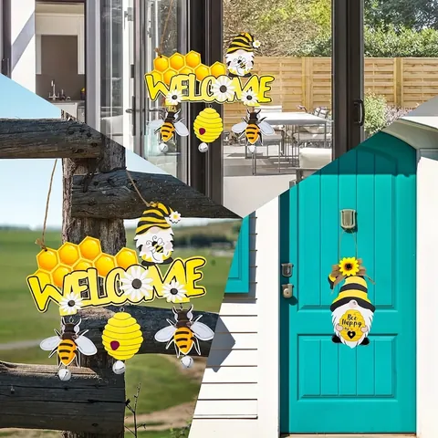 Rustikales Holz Biene Gnom Willkommensschild Bienenstock Sonnenblume Wanddeko Honigbiene Tag Türschild Mit Metallglocken