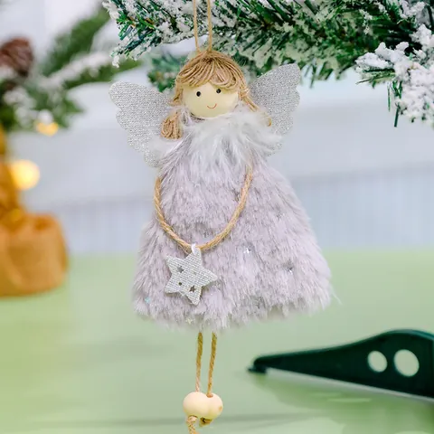 Christmas Angel Doll Plush Hanging Ornament Wood Sequin Star Wings Christmas Tree Decoration Festival Gift Home Decor