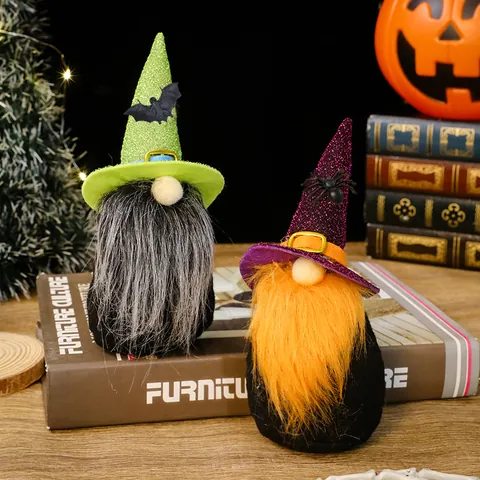 Halloween Faceless Gnome Ornaments Sequined Wizard Hat Gnome Plush Doll With Spider Bat Decor Halloween Table Decorations
