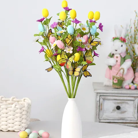 Easter Artificial Stem With Eggs Butterflies Flowers DIY Arrangement For Festive Home Party Holiday Table Decoration