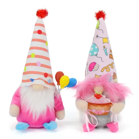 Creative Pink Birthday Gnome Plush Doll With Cake Balloons Cartoon Desktop Ornament Birthday Party Decoration Gift For Kids Adults