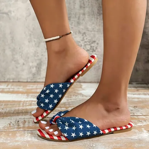 Women's American Flag Bow Flip Flops Summer Beach Casual Flat Sandals Stars Stripes Fashion Thong Slippers Independence Day
