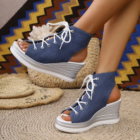 Sandali con Zeppa da Donna Peep Toe Allacciati Platform Tacchi Alti Scarpe Moda Denim Stampa Leopardata Sandali Estivi Casual