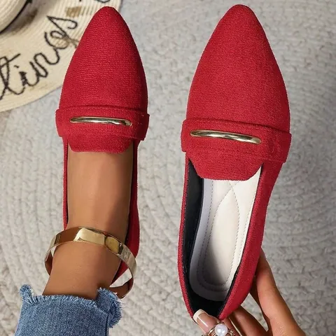 Women Pointed Toe Flat Loafers Faux Suede Comfort Shoes With Metal Buckle Decoration Large Size Casual Daily Slip On Shoes