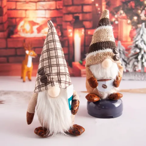 Coffee Themed Rudolph Faceless Gnome Doll Christmas Decoration Plaid Striped Hat Ornament For Cafe Home Decor