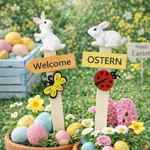 Easter Resin Bunny Garden Stakes Rabbit Yard Signs For Potted Plant Decor Willkommen Ostern Decorative Stakes For Garden