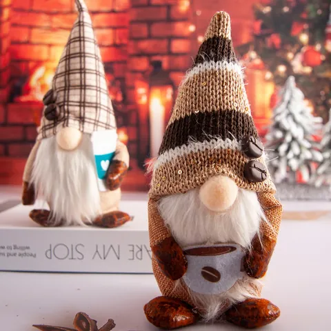 Coffee Themed Rudolph Faceless Gnome Doll Christmas Decoration Plaid Striped Hat Ornament For Cafe Home Decor