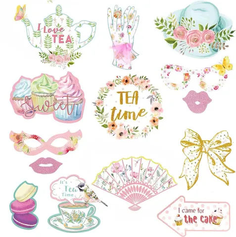 Tee-Party Foto-Requisiten Set Heißprägung Papier Floral Rahmen Maske Requisiten Für Geburtstag Party Hochzeit Dekorationen