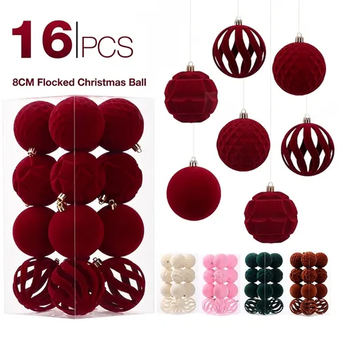 Juego de Bolas de Navidad Flocadas de Lujo Para Decoraciones Del Árbol De Navidad Esferas Colgantes De Plástico Textura Terciopelo