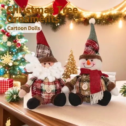 Christmas Plaid Fabric Hanging Ornaments Cartoon Santa Snowman Reindeer Doll With Snowflake Print For Xmas Tree Home Decoration