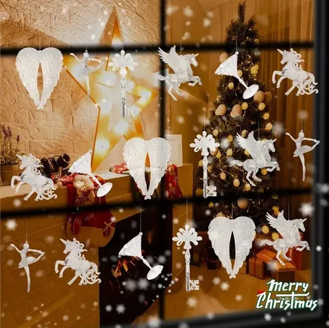 Transparent Acrylic Christmas Ornaments Clear Ice Texture Snowflake Angel Wings Unicorn Pegasus Key Wine Glass Hanging Decor For Xmas Tree Party Home Festive Gift