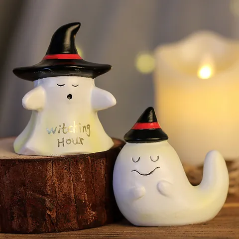 Cute Halloween Ghost Resin Ornament With Witch Hat Decorative Miniature Ghost Statue For Home Party Table Desktop Decor
