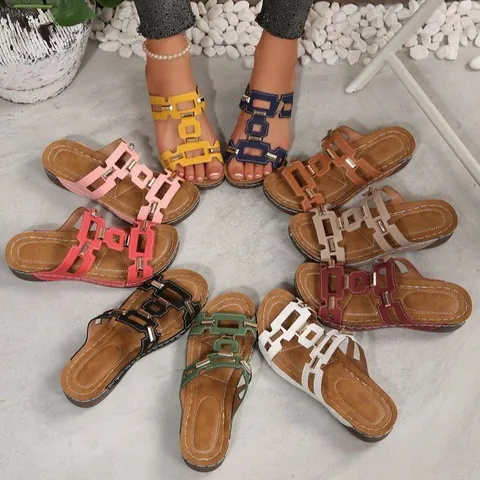 Women TPU Geometric Hollow Out Slide Sandals Metal Buckle Contrast Stitching Soft Sole Non-Slip Casual Beach Flat Wedge Sandals