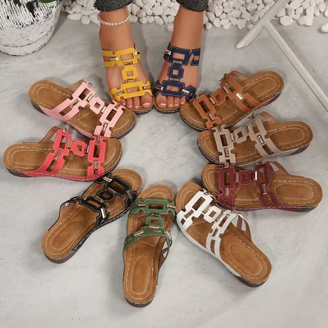 Women TPU Geometric Hollow Out Slide Sandals Metal Buckle Contrast Stitching Soft Sole Non-Slip Casual Beach Flat Wedge Sandals