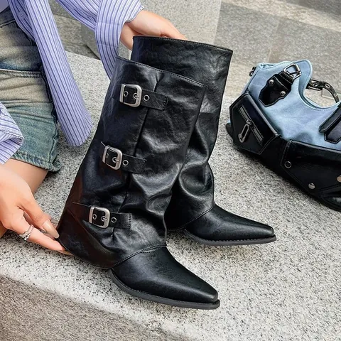 Dames Kunstleer Martin Boots Spitse Neus Blokhak Gesp Slouchy Halfhoge Laarzen Britse Stijl Retro Rits Schoeisel