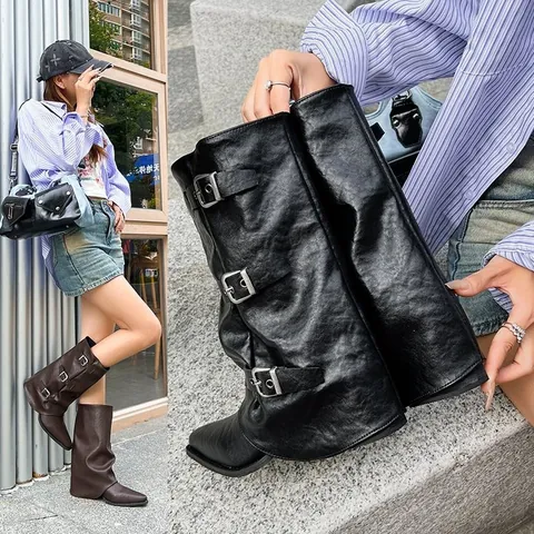 Dames Kunstleer Martin Boots Spitse Neus Blokhak Gesp Slouchy Halfhoge Laarzen Britse Stijl Retro Rits Schoeisel