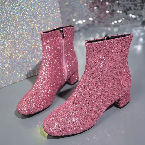 Women Sequin Ankle Boots Plus Size Chunky Heel Side Zipper PU Leather Fashion Sparkly Party Dress Shoes Autumn Winter Boots