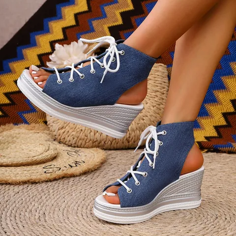 Women Wedge Sandals Peep Toe Lace-up Platform High Heels Shoes Fashion Denim Leopard Print Sandals Summer Casual Dress Shoes