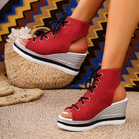 Women Wedge Sandals Peep Toe Lace-up Platform High Heels Shoes Fashion Denim Leopard Print Sandals Summer Casual Dress Shoes