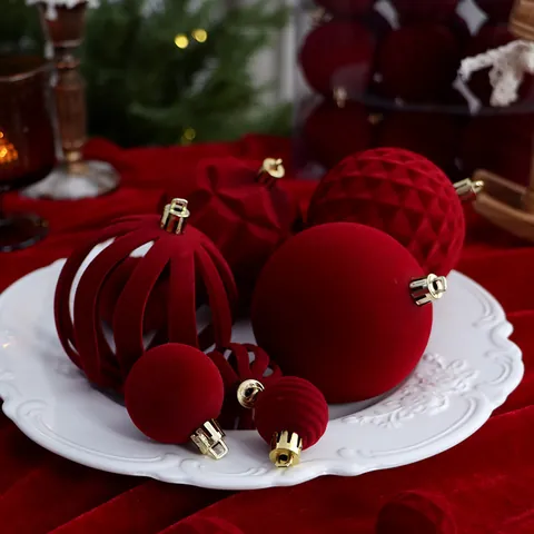 Juego de Bolas de Navidad Flocadas de Lujo Para Decoraciones Del Árbol De Navidad Esferas Colgantes De Plástico Textura Terciopelo