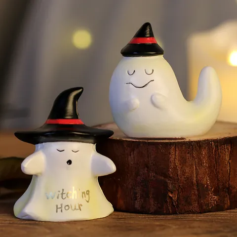 Cute Halloween Ghost Resin Ornament With Witch Hat Decorative Miniature Ghost Statue For Home Party Table Desktop Decor