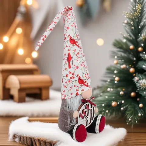 Handmade Christmas Gnome Plush Doll Holly Red Berry Cardinal Bird Hat Ornament Rustic Forest Gnome Tabletop Decoration Home Decor