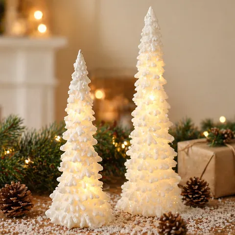 Christmas Resin Christmas Tree LED Night Light Desktop Decoration White Glitter Xmas Tree For Home Holiday Festival Decor
