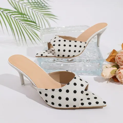 Sandalias de Tacón Alto con Punta Estrecha Vintage Francés para Mujer Mules con Estampado de Lunares Zapatos de Tacón