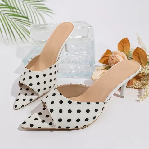 Sandalias de Tacón Alto con Punta Estrecha Vintage Francés para Mujer Mules con Estampado de Lunares Zapatos de Tacón