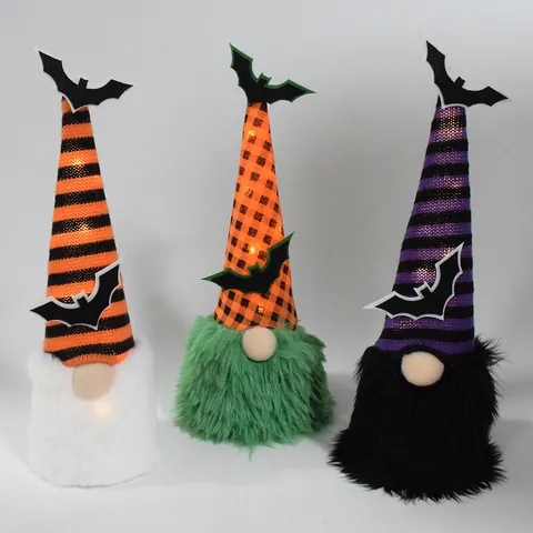 Halloween Glowing Gnome Plush Bat Decoration LED Faceless Doll Stripes Plaid Fabric Gnome Ornament Halloween Party Home Decor