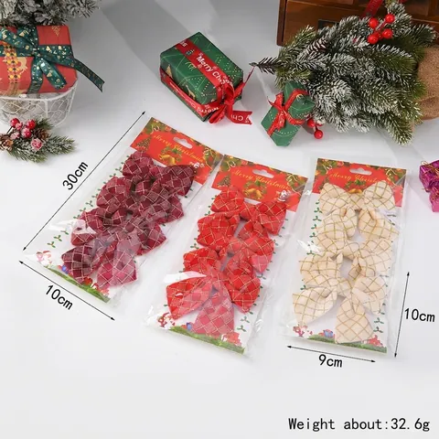 Christmas Tree Bow Topper Decoration Red Gold Glitter Plaid Bows For Holiday Party Ornament Home Decor Christmas Decoration