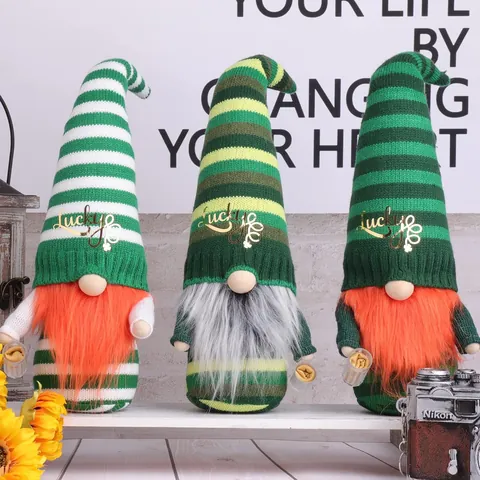 St. Patrick's Day Faceless Gnome Doll Green Striped Lucky Embroidered Ornament With Beer Cup Irish Festival Home Decoration