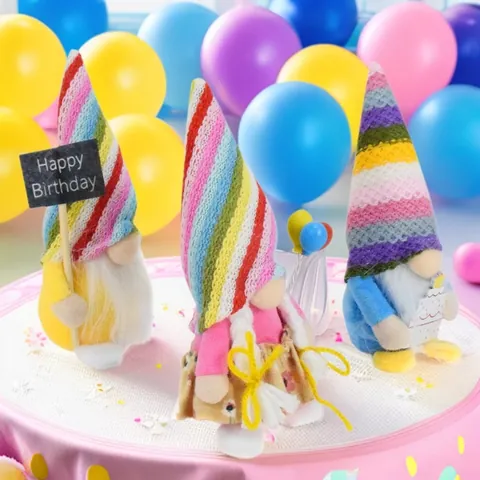 Birthday Gnome Plush Doll Faceless Gnome With Balloon Cake Happy Birthday Sign Rainbow Striped Nordic Gnome Party Decor Gift
