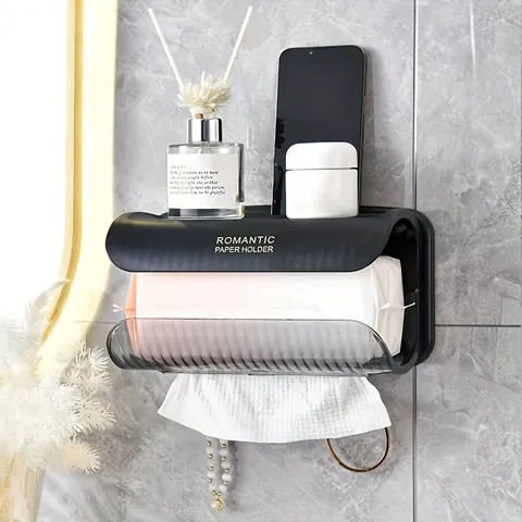 Wall Mounted Tissue Box No Drill Punch Free Plastic Storage Shelf Modern Minimalist Facial Tissue Holder For Bathroom Kitchen
