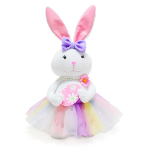 Easter Plush Bunny Ornament Sweet White Rabbit with Rainbow Mesh Skirt Pearl Necklace for Festival Home Party Table Decor