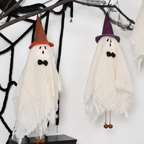 Halloween Decoration White Ghost Pendant with Witch Hat Wind Chime For Home Party Haunted House Indoor Outdoor Hanging Decor