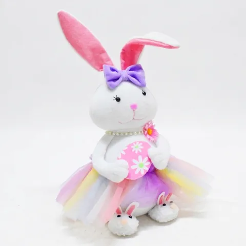 Easter Plush Bunny Ornament Sweet White Rabbit with Rainbow Mesh Skirt Pearl Necklace for Festival Home Party Table Decor