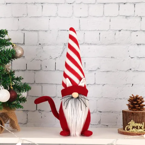 Red Striped Cat Christmas Gnome Faceless Doll With Cat Ears And Tail Handmade Plush Elf Gnome Home Ornament Holiday Decor