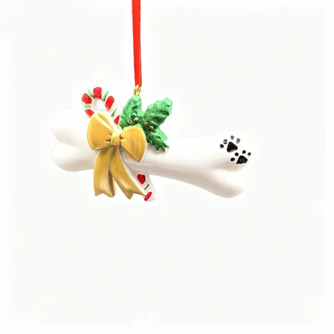 Ornement Suspendu en Forme d'Os de Noël en Résine avec Nœud Papillon Doré et Patte de Chien pour Arbre de Noël