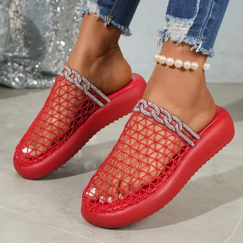 Women Closed Toe Mules Slippers Mesh Breathable Thick Sole Slides With Rhinestone Chain Metal Buckle Casual Beach Sandals