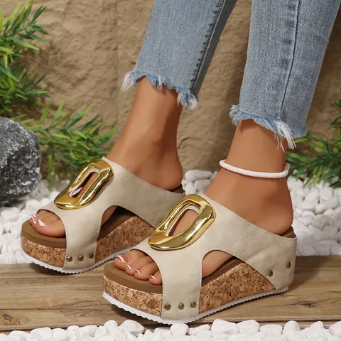 Women's Peep Toe Wedge Platform Slippers Summer Beach Sandals With Gold Metal Buckle Rivet Decor 12cm High Heel Slides