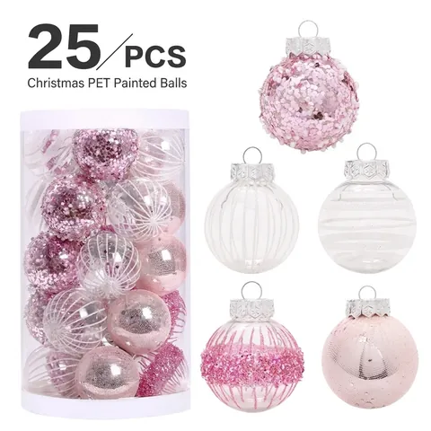 25PCS Pink White Painted Christmas Ball Ornaments Set PET Plastic Glitter Mesh Xmas Tree Hanging Decorations For Holiday
