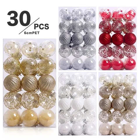 Set di 30 Palle di Natale da 6cm Dipinte Trasparenti in Plastica PET Infrangibili Decorazioni da Appendere per Festa Casa