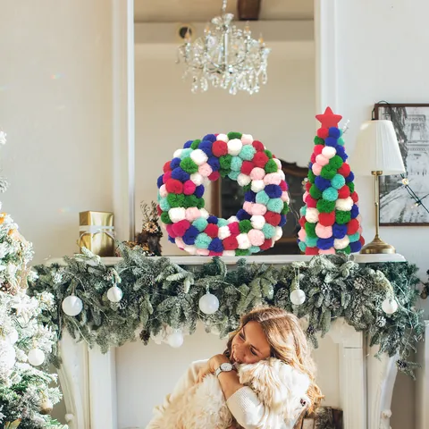 Christmas Multicolor Plush Pom Pom Wreath Tree Tabletop Hanging Ornament Rainbow Yarn Ball Festive Home Decor Ornament