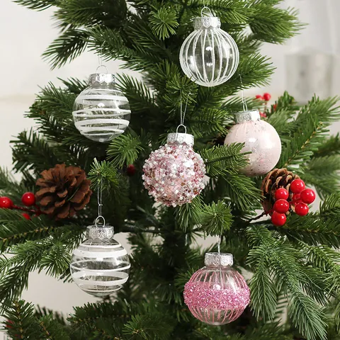25PCS Pink White Painted Christmas Ball Ornaments Set PET Plastic Glitter Mesh Xmas Tree Hanging Decorations For Holiday